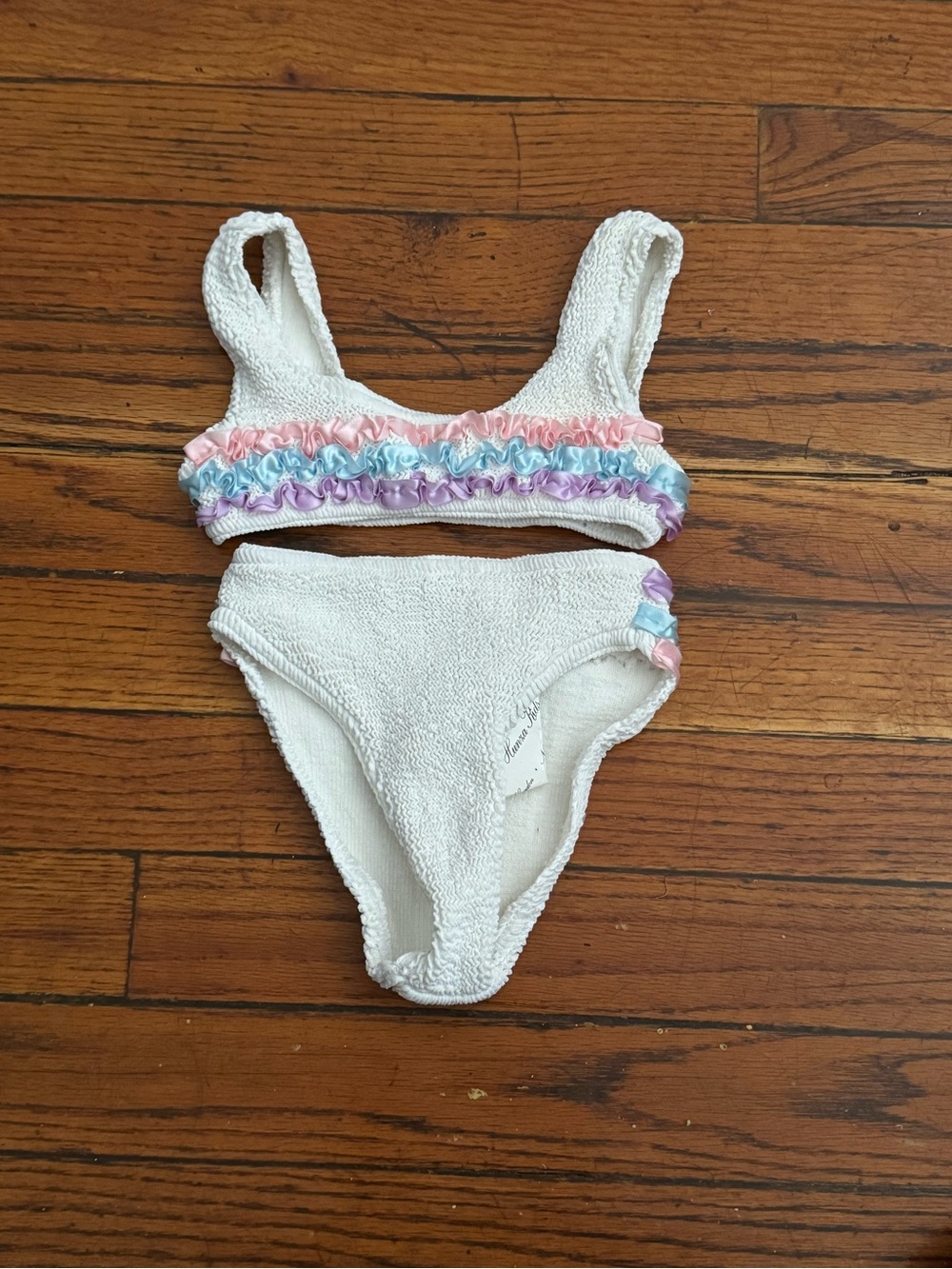 Hunza G Kids White Bikini with Pastel Pink Blue Purple Ruffles